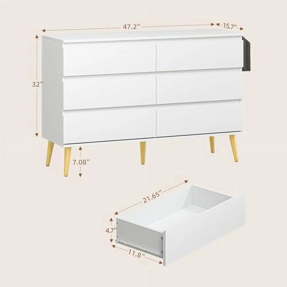 GEROBOOM Dresser for Bedroom with 6 Drawers Chest of Drawers with Charging for  and Organization  Wood Tabletop for Bedroom  Living Room  Hallway  White - Curated Treasures Market