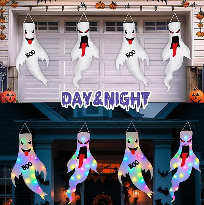 Halloween Decorations Outdoor Indoor, 2 Pack Light Up Ghost Decorations with LED Lights, Hanging Ghost Halloween Decor for Yard Porch Garden Lawn Party (1A-2Pack) - Curated Treasures Market