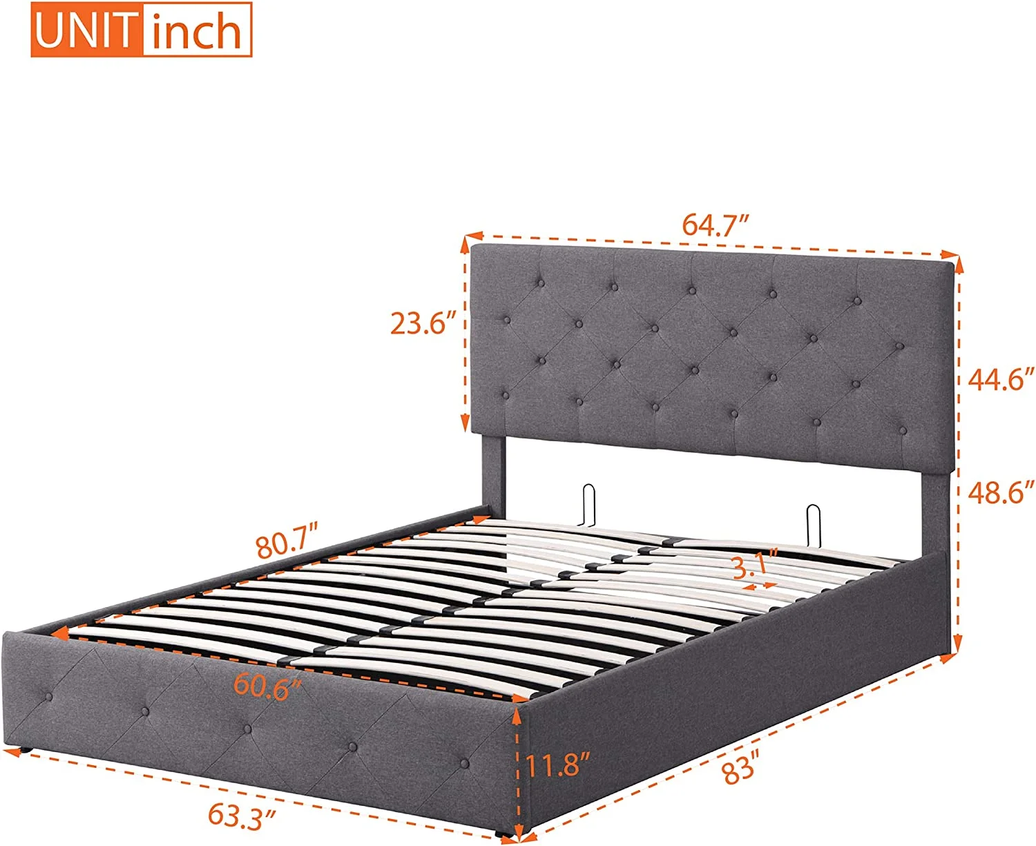 Queen Size Upholstered Platform Bed With Storage Underneath. Queen Bed Frame With Gas Lift Up Storage. Lift Storage Bed. Grey
