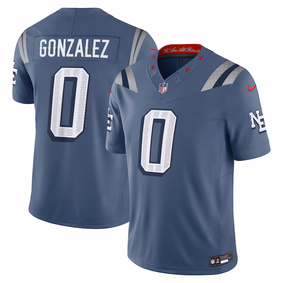 Men's New England Patriots Christian Gonzalez Nike Storm Blue 2025 Rivalries Collection Limited Jersey