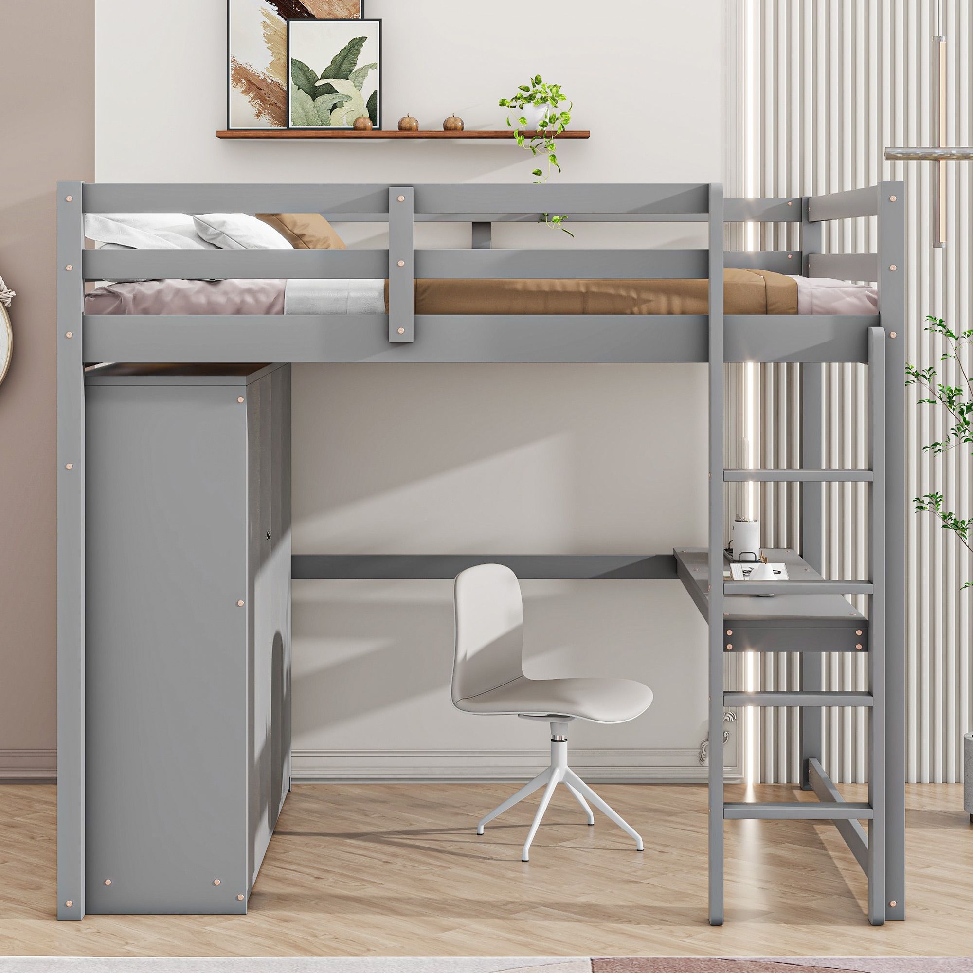 Full Size Loft Bed with Built-in Wardrobe, Desk, Storage Shelves and Drawers, Wooden Loft Beds Frame with Large Space, Wood High Loft Beds with Ladder(Gray, Full) - Curated Treasures Market