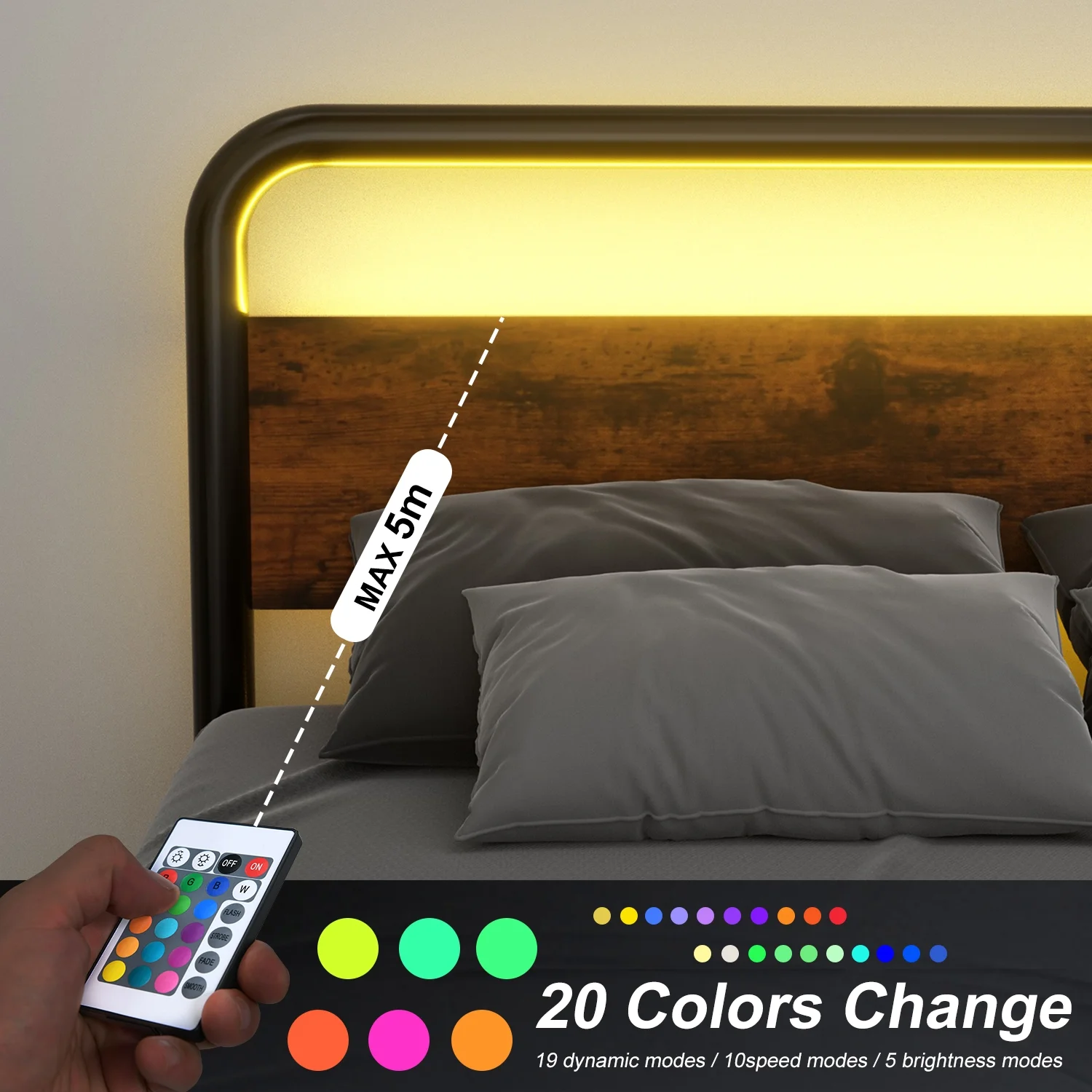 Catrimown Queen Size Bed Frame with LED Light Headboard, Metal Platform Bed with Wooden Headboard, Rustic Brown