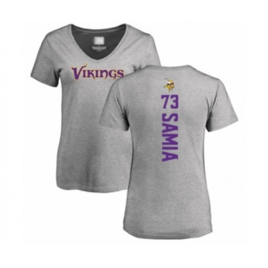 Football Women's Minnesota Vikings #73 Dru Samia Ash Backer V-Neck T-Shirt