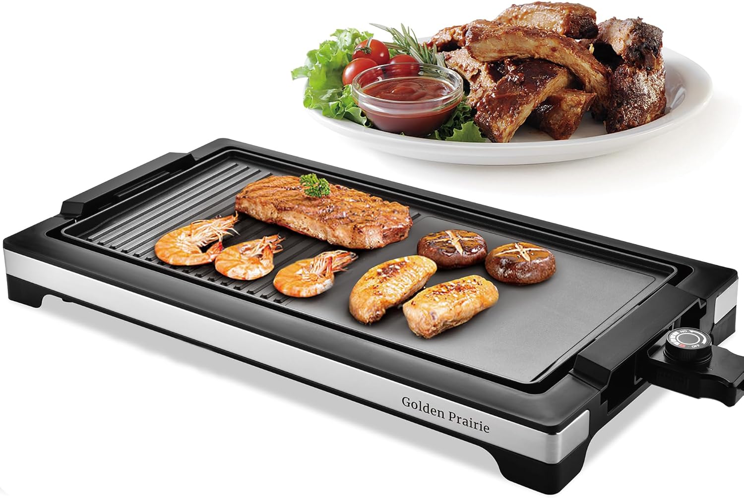 2-in-1 Grill & Griddle, Electric Smokeless Indoor Grill, 1800W Fast Heat Up BBQ Grill, Nonstick Cooking Plate, 5 Levels Adjustable Temperature, Detachable & Dishwasher Safe, Cool-touch Handles, Black