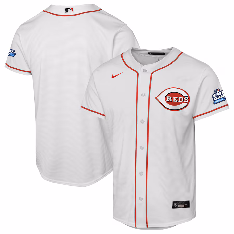 Youth Cincinnati Reds Nike White 2025 MLB Speedway Classic Home Replica Team Jersey