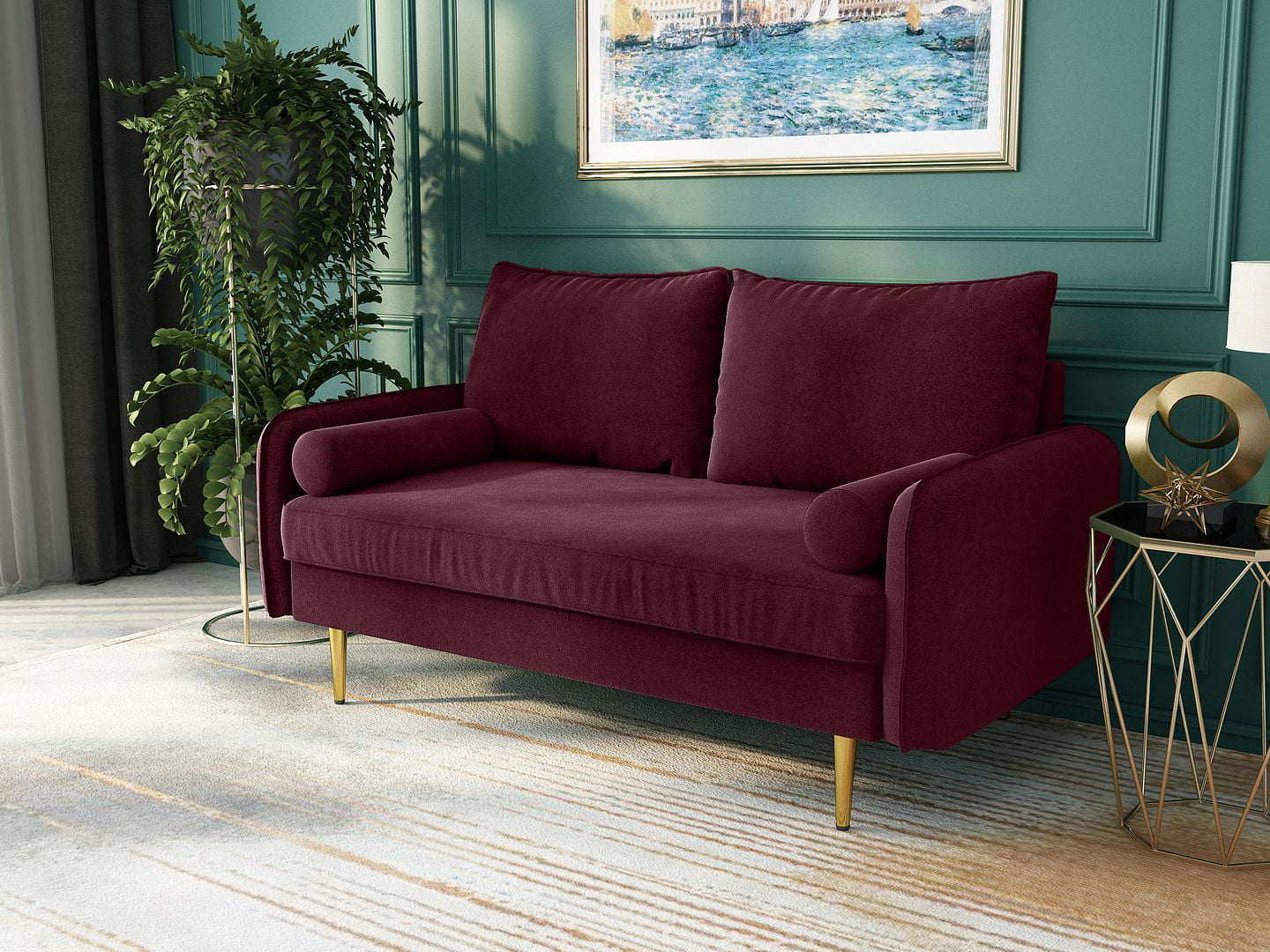 Koby Home's Collection Aspen Transitional Loveseat, Upholstered in Performance Velvet with Round Arms, Cushion Back, and Metal Legs, 2-Seater for Small Space, Burgundy Red Color - Curated Treasures Market