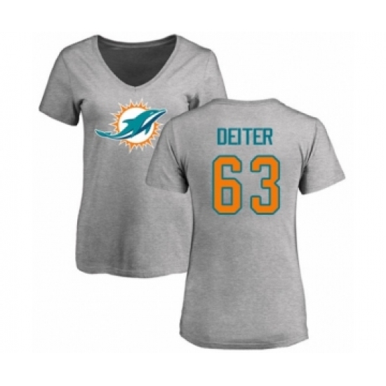 Football Women's Miami Dolphins #63 Michael Deiter Ash Name & Number Logo T-Shirt
