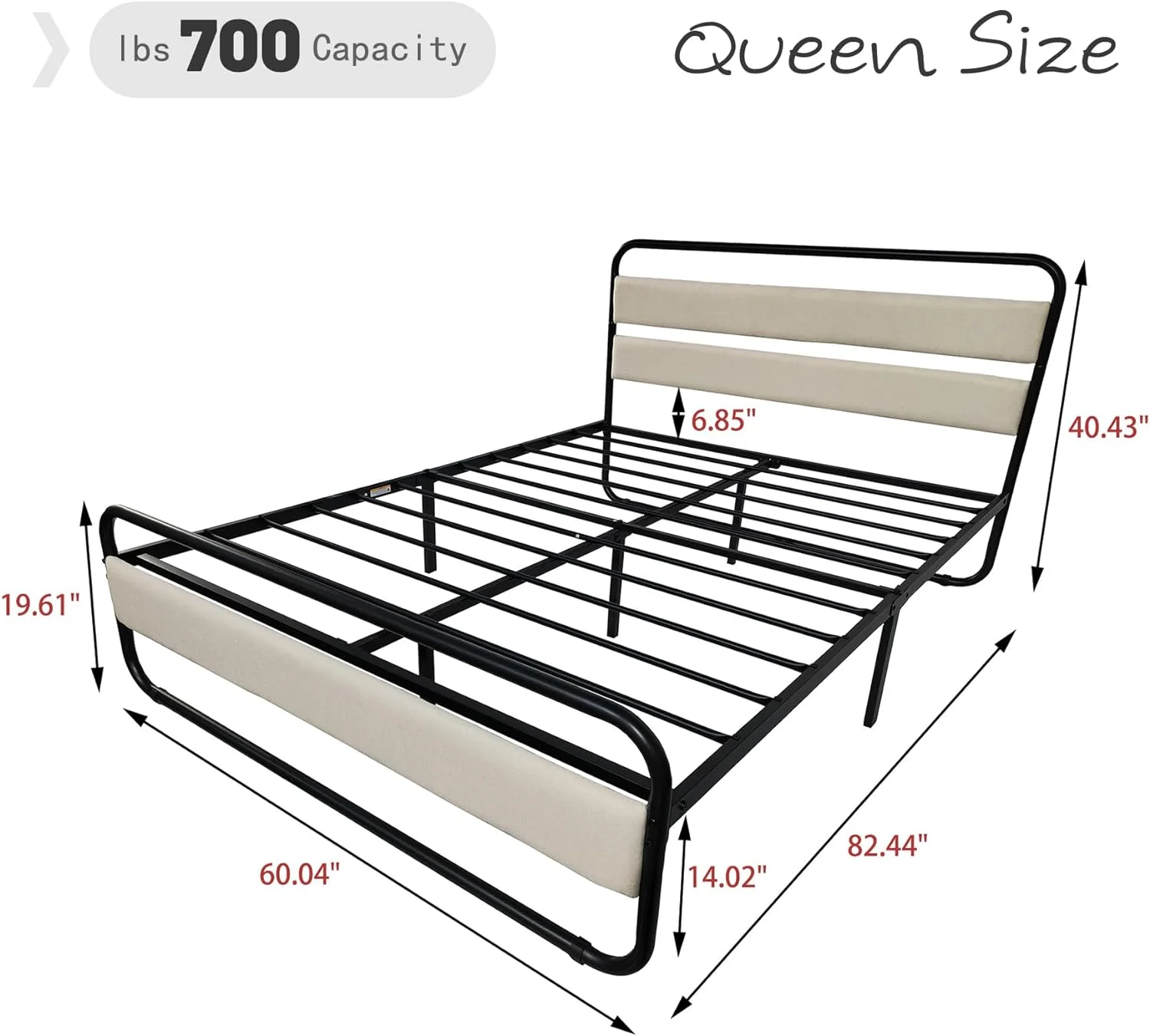 Metal Platform Queen Size Bed Frame with Upholstered Headboard No Noise Easy Assembly Beige Linen