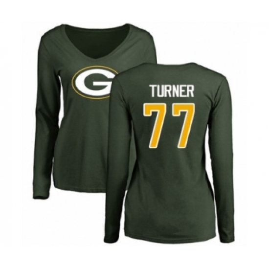 Football Women's Green Bay Packers #77 Billy Turner Green Name & Number Logo Long Sleeve T-Shirt