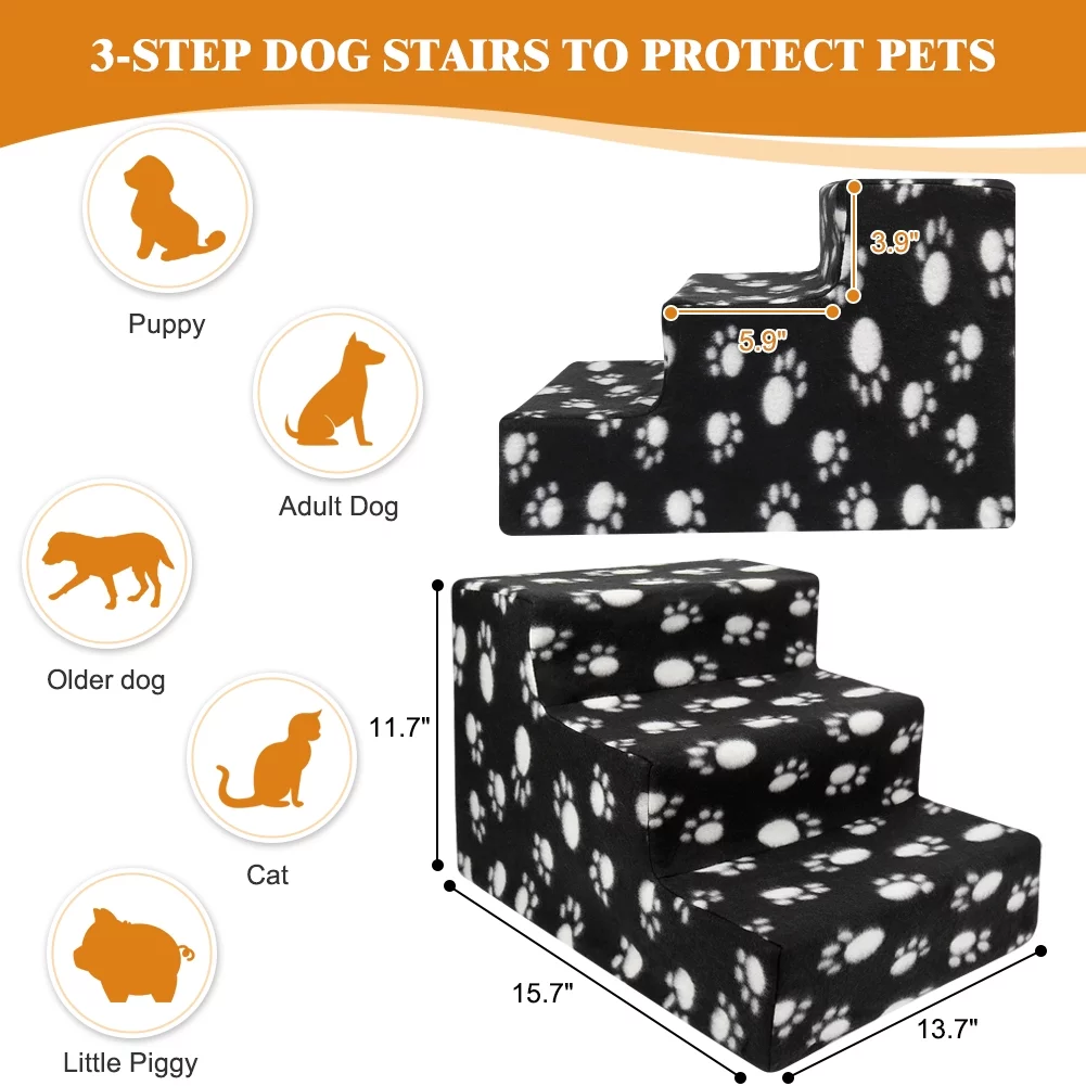 Vivifying Pet Stairs 3 Steps Indoor Dog Cat Steps Bed Ramp for Puppies up to 45 lbs Black with Paw - Curated Treasures Market