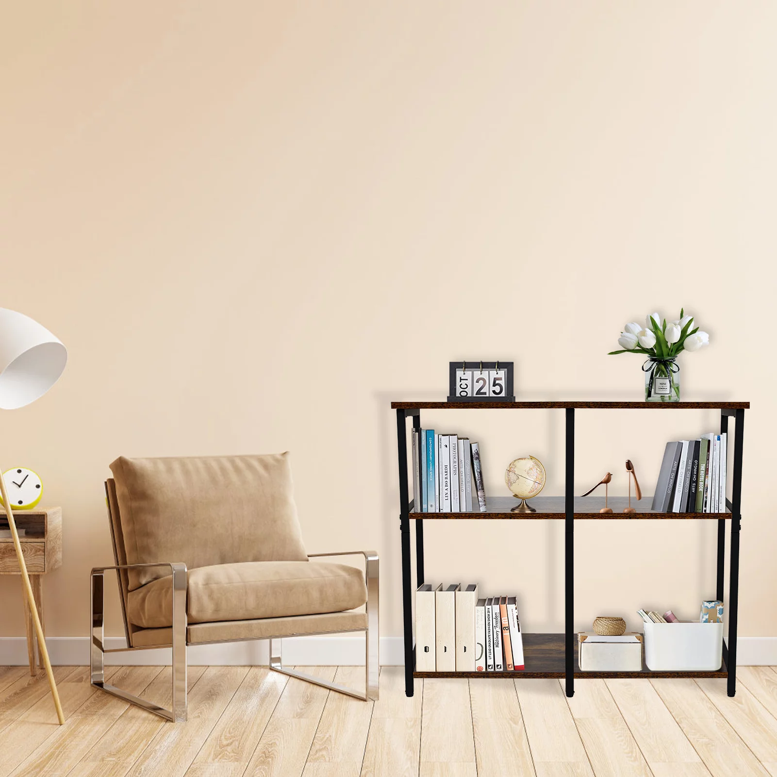 Fionafurn 3 Tier Industrial Shelf Set of 2, Wood Bookcase Organizer with Metal Frame，Black - Curated Treasures Market