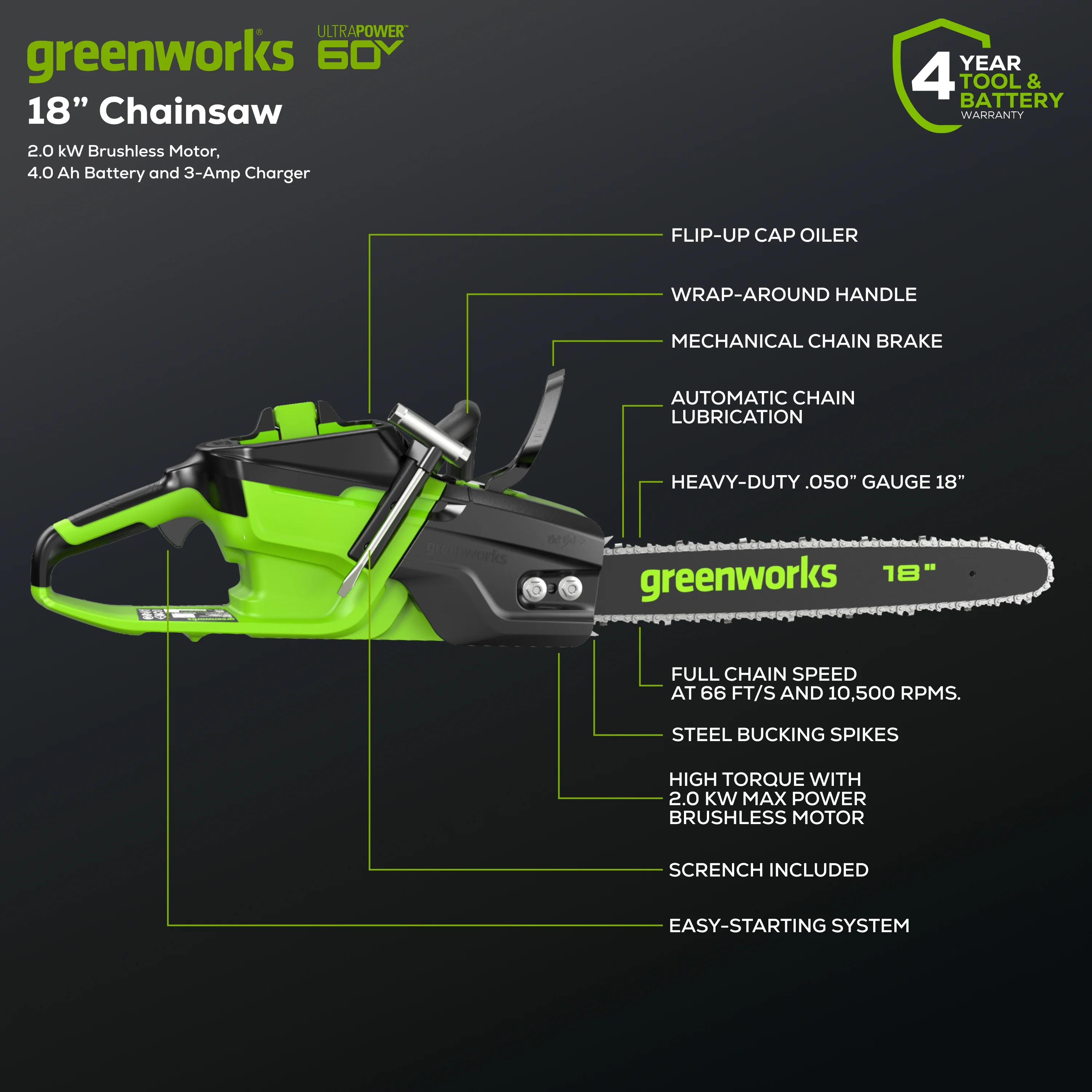 Greenworks 60V 18 2.0kW Brushless Chainsaw with 4.0 Ah Battery & 3 Amp Charger 2028502