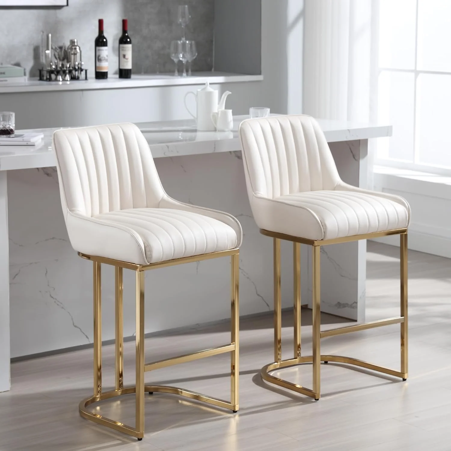 U-ToBe Modern Bar Stools Set of 4 with Back, Upholstered Bar Stools Leather Barstools 26'' Kitchen Island Chairs Bar Chairs with Gold Legs for Kitchen Counter Home Bar Pub, Beige - Curated Treasures Market