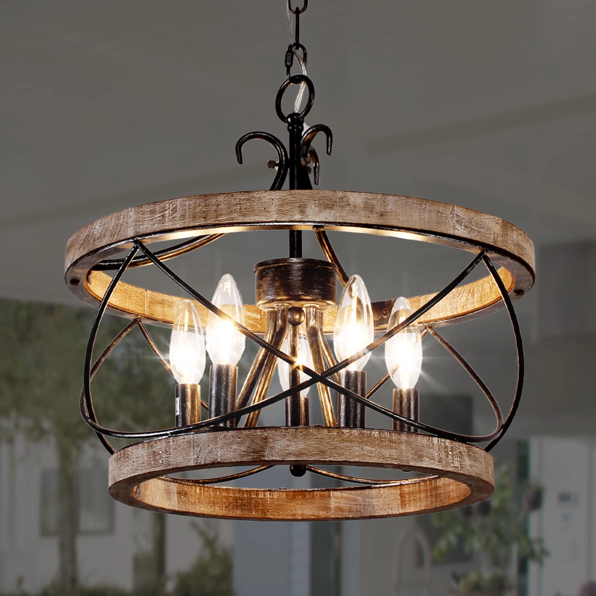 5-Light Rustic Pendant Light Adjustable Height Distressed Wood Caged Chandelier, Bella Depot Dimmable Lighting