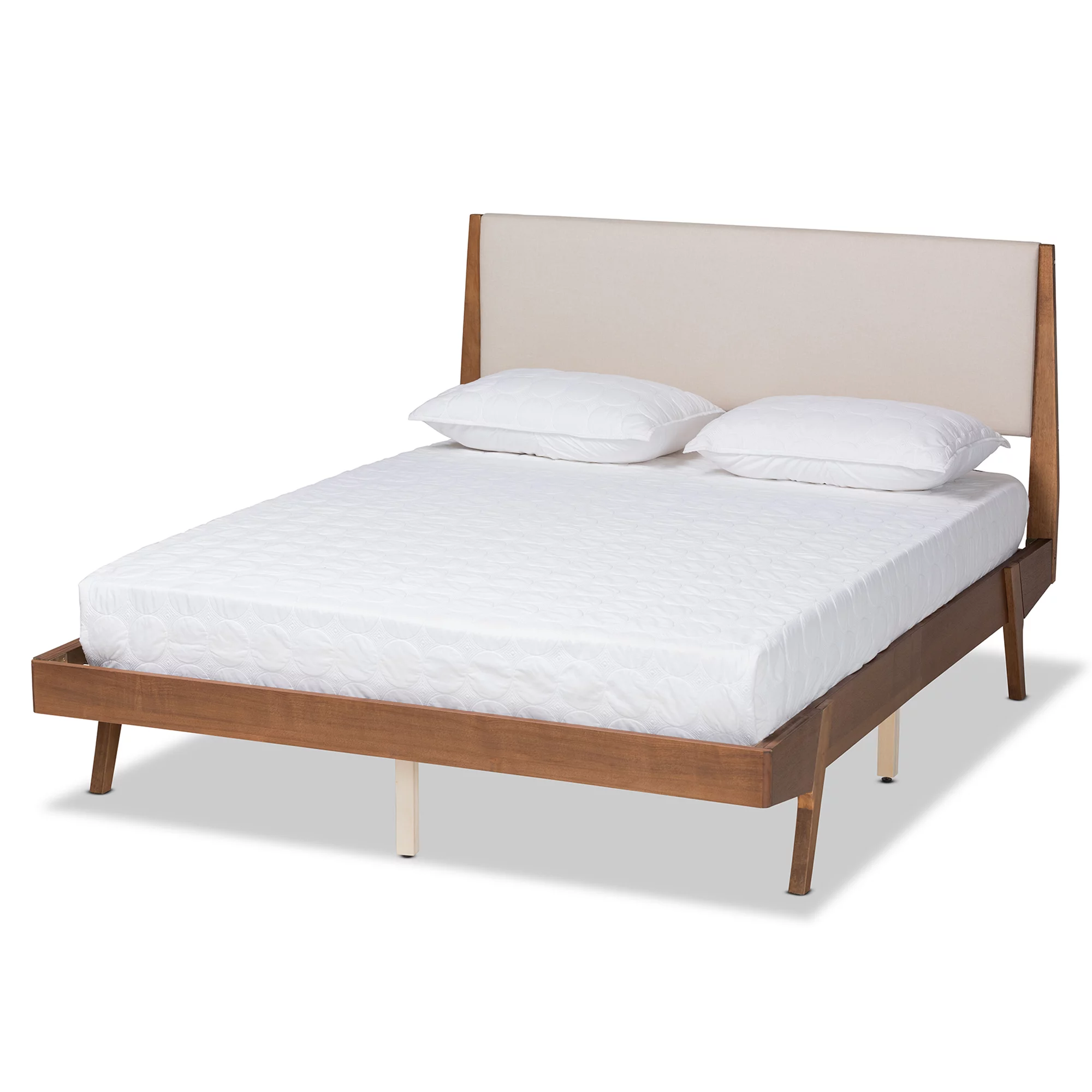 Baxton Studio Sennae Mid-Century Modern Beige Fabric Upholstered and Walnut Brown Finished Wood Queen Size Platform Bed