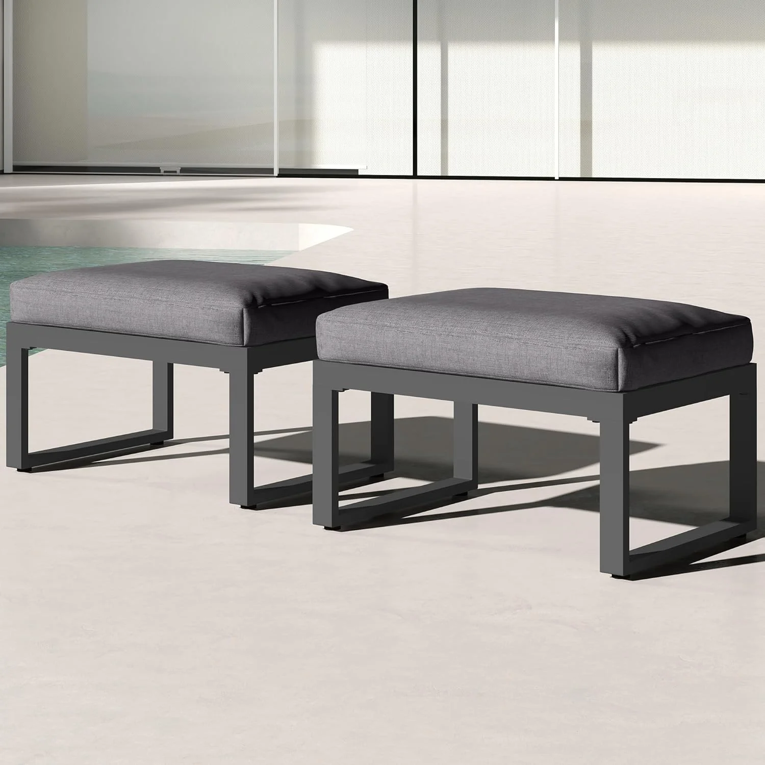 Royalcraft 2 Pieces Aluminum Outdoor Patio Ottoman Set, Outdoor Foot Stools with Thick Cushion, Small Seat Furniture for Porch Balcony Backyard, Grey - Curated Treasures Market
