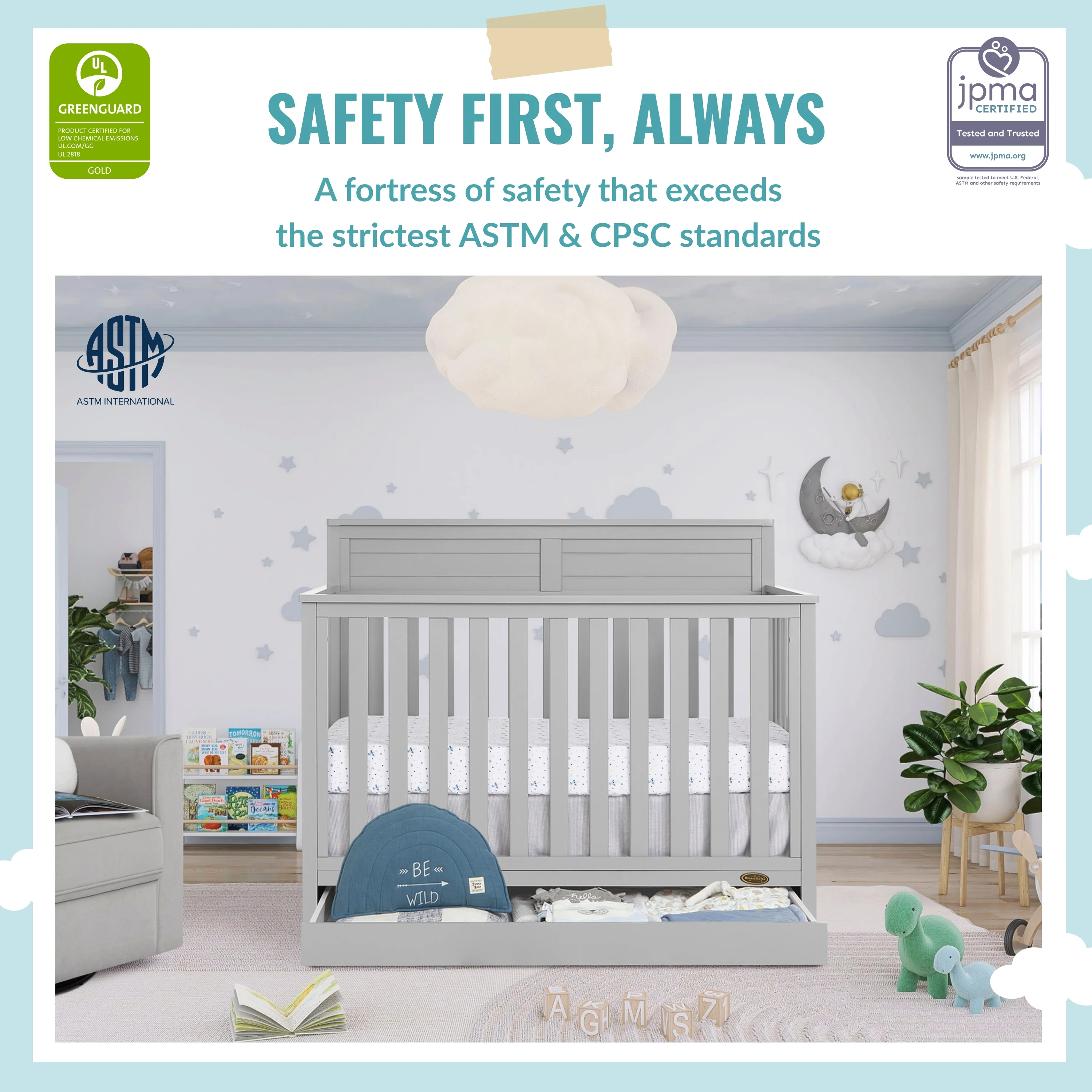 Dream On Me Reign 5 in 1 Convertible Crib with Under Drawer in Pebble Gray - Curated Treasures Market