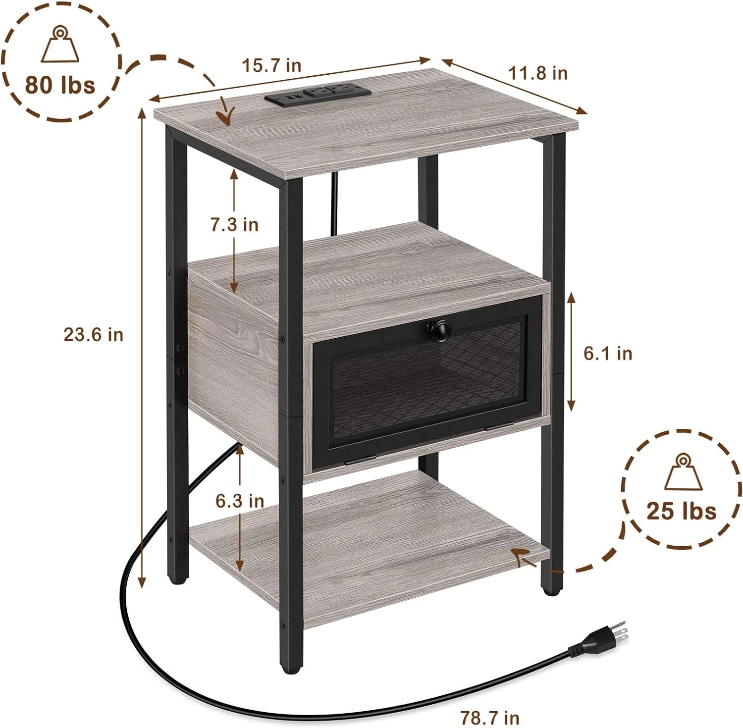 Nightstand with Charging Drawer Side Table Brown