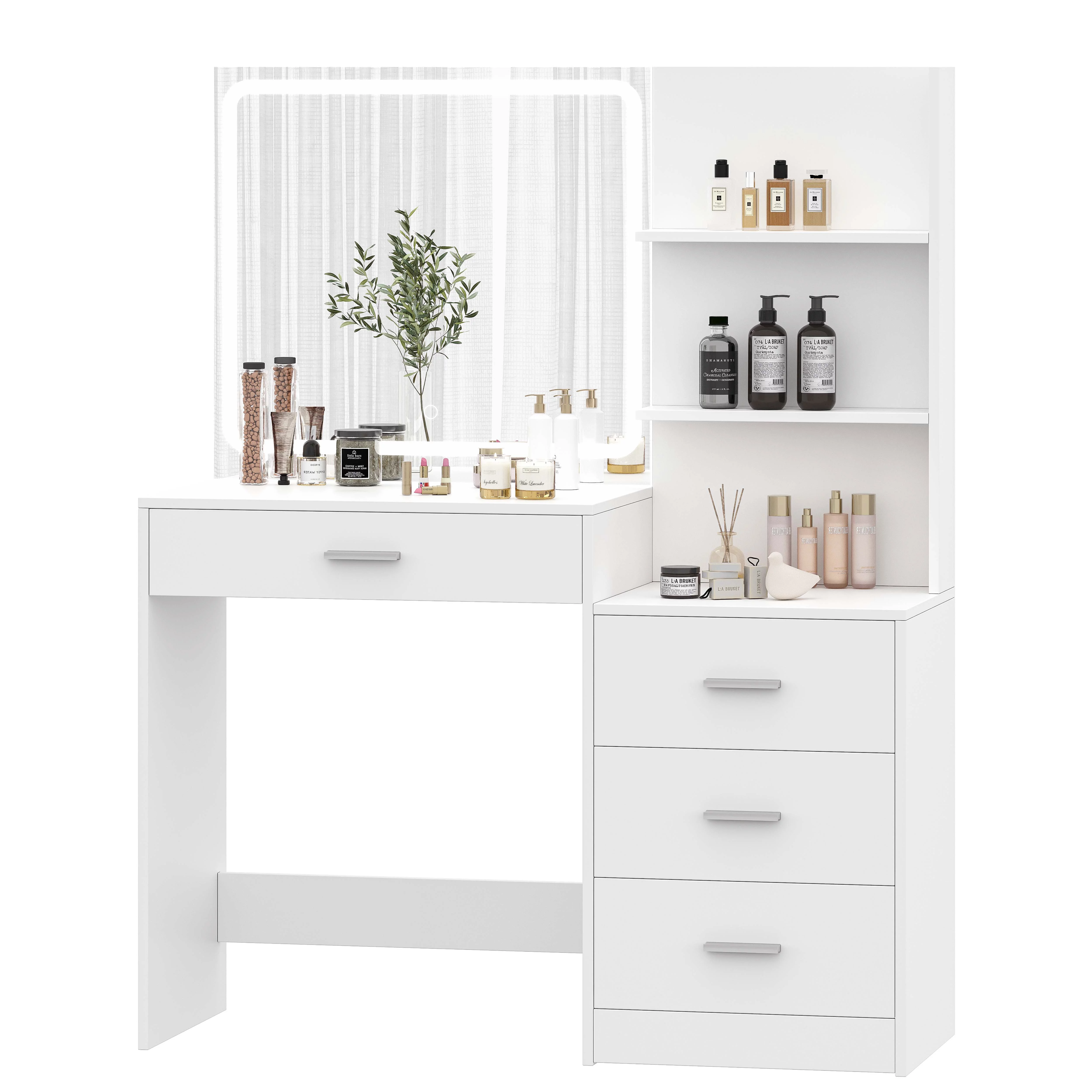 Rovaurx Makeup Vanity Table with Lights and Mirror, Storage Shelf & 4 Drawers, Dressing Desk, White - Curated Treasures Market
