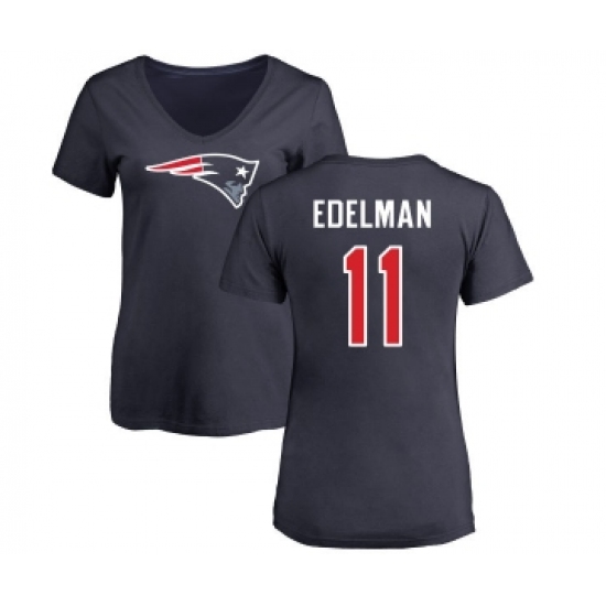 Football Women's New England Patriots #11 Julian Edelman Navy Blue Name & Number Logo Slim Fit T-Shirt