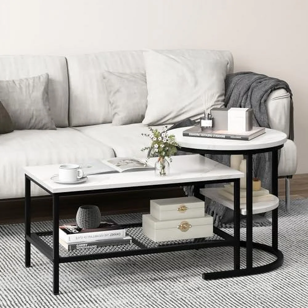 SQHJV Nesting Coffee Table   2 PCS Coffee Table Set with Faux Marble Top and Extra    Modern Round End Table & Rectangular Coffee Table Set for Living Room  Bedroom  Black+White - Curated Treasures Market