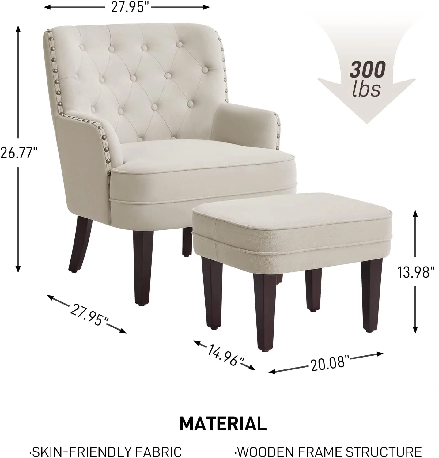 Accent Chair with Ottoman, Button Tufted Armchair for Bedroom Living Room(Beige) - Curated Treasures Market