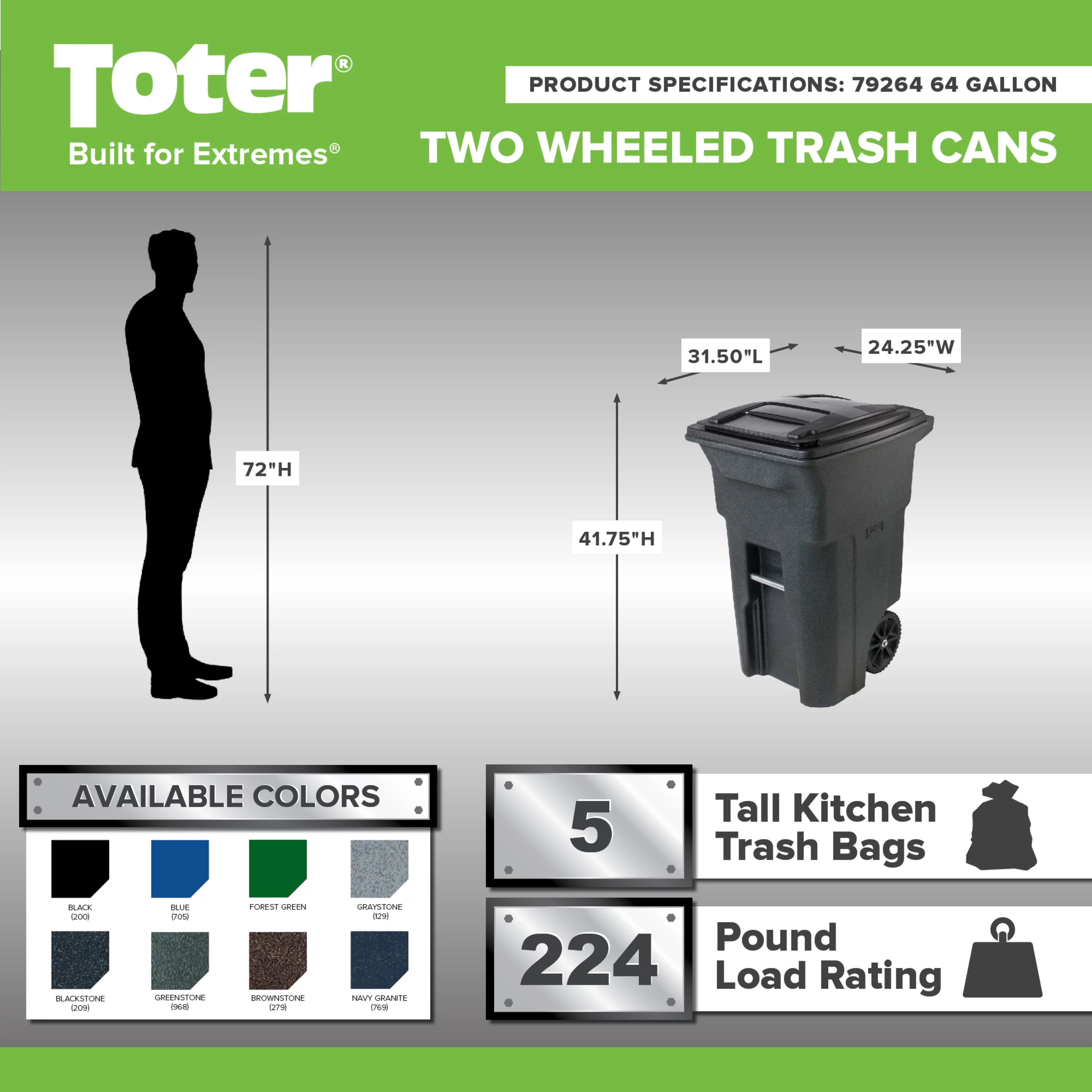 Toter Trash Can Graystone with Wheels and Lid, 64 Gallon - Curated Treasures Market