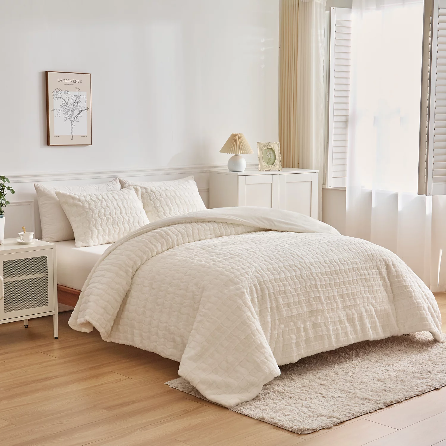 Wajade Faux Fur Duvet Cover Set 3 Piece Super Soft Fluffy Fuzzy Comforter Cover with 2 Pillow Shams Faux Rabbit Fur Bedding Set, Ivory, Full Size - Curated Treasures Market