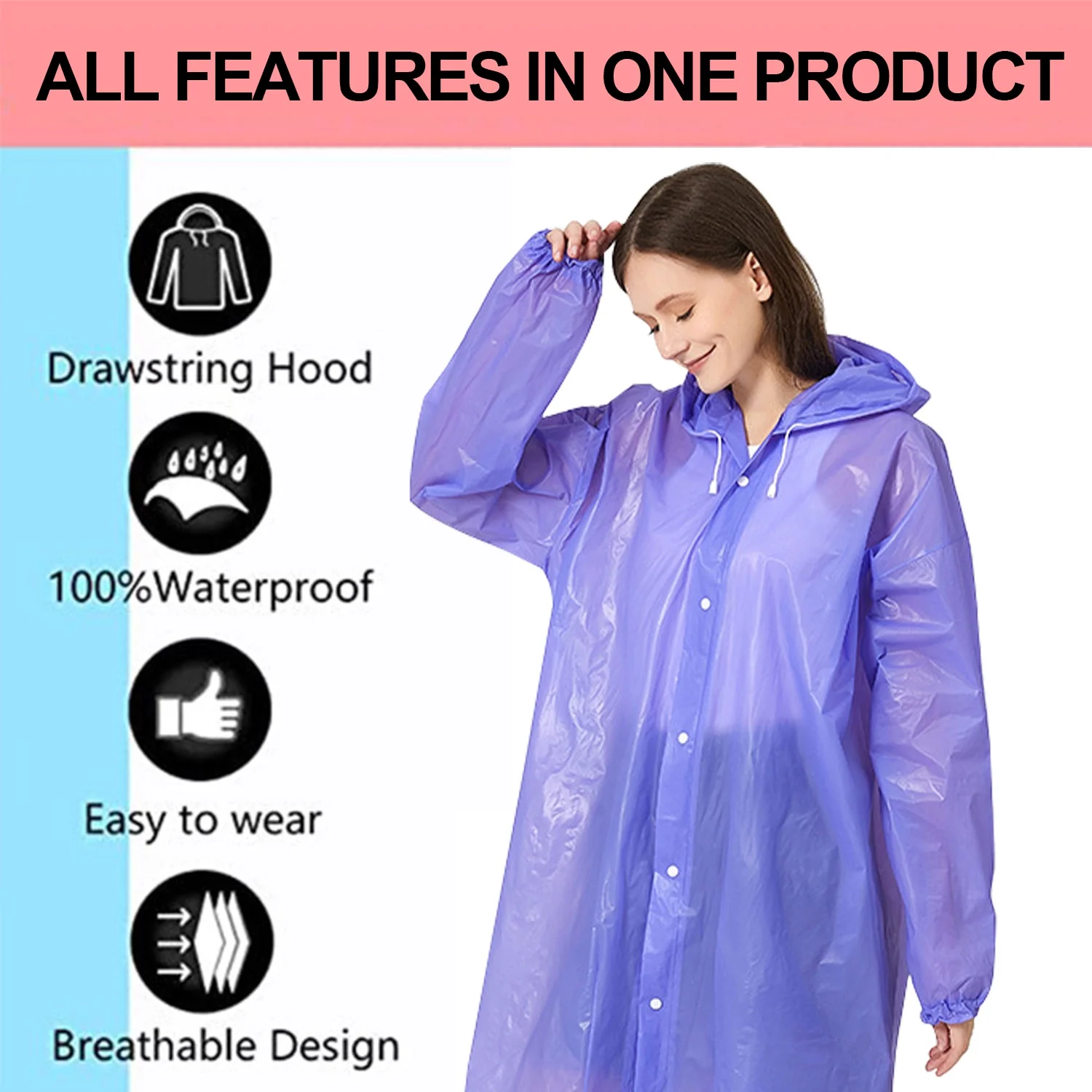 Raincoat Waterproof Rain Coat Poncho Long Rain Jackets Lightweight with Drawstring Hood for Men Women (Pink 1 pack + Purple 1 Pack) - Curated Treasures Market