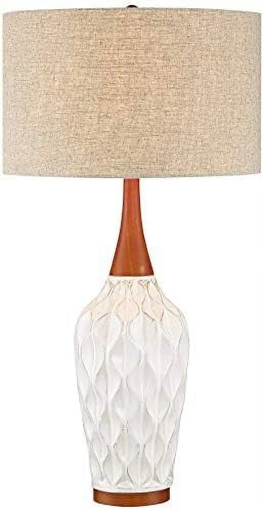JDZHAPPYLIFE Lighting Rocco Mid Century Modern Table Lamp 30" Tall White Wave Geometric Ceramic Oak Wooden Neck Tan Fabric Drum Shade for Living Room Bedroom House Bedside Nightstand - Curated Treasures Market