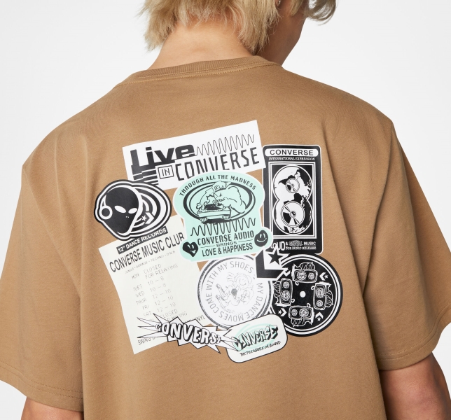 Men's Converse Sticker Graphic T Shirts Brown | 096-MFVBQX