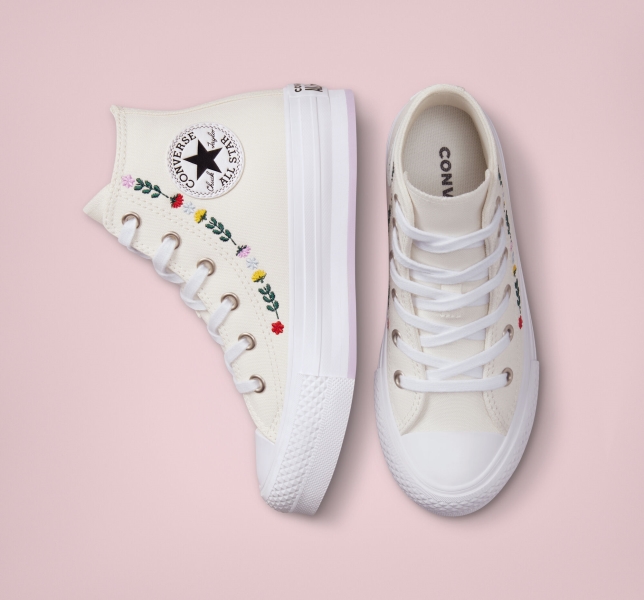Kids' Converse Chuck Taylor All Star Lift Floral Embroidery Platform Shoes White / White | 438-LIAFDN