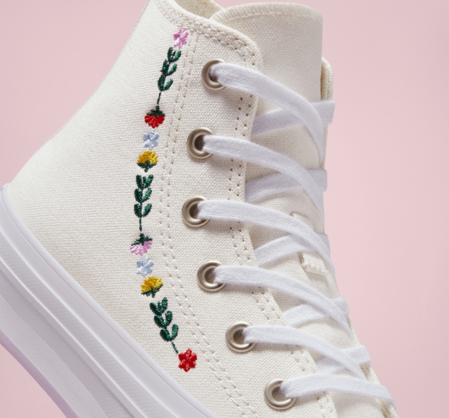Kids' Converse Chuck Taylor All Star Lift Floral Embroidery Platform Shoes White / White | 518-DXHRPK