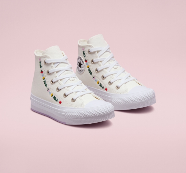 Kids' Converse Chuck Taylor All Star Lift Floral Embroidery Platform Shoes White / White | 438-LIAFDN
