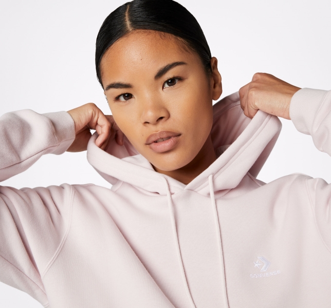 Women's Converse Go-To Embroidered Star Chevron Standard Fit Fleece Hoodie Rose | 218-QCIWZS