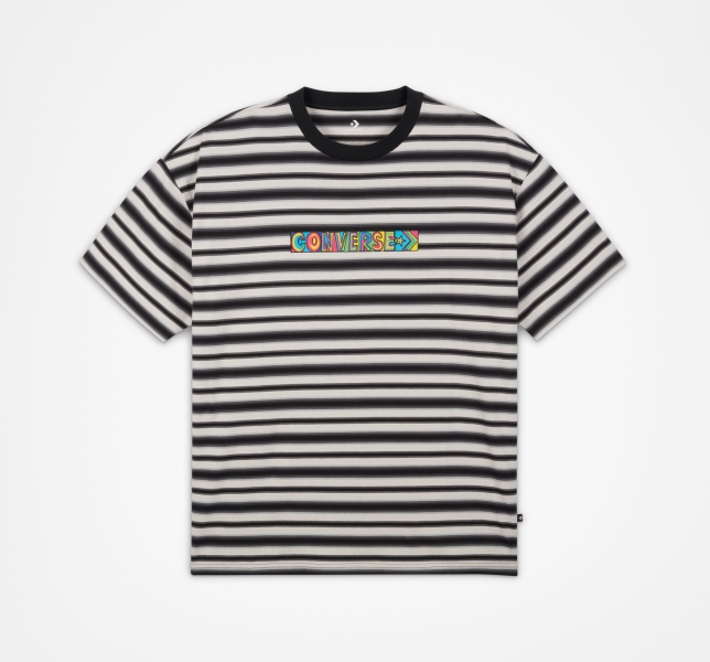 Men's Converse Striped Wordmark T Shirts Black | 837-WPENOR