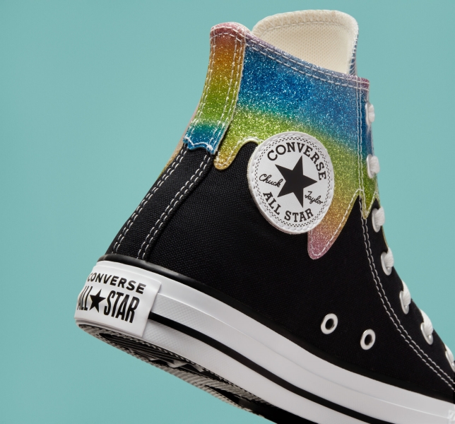 Kids' Converse Chuck Taylor All Star Glitter Drip Canvas Shoes Black / Beige White | 082-FUJBAZ