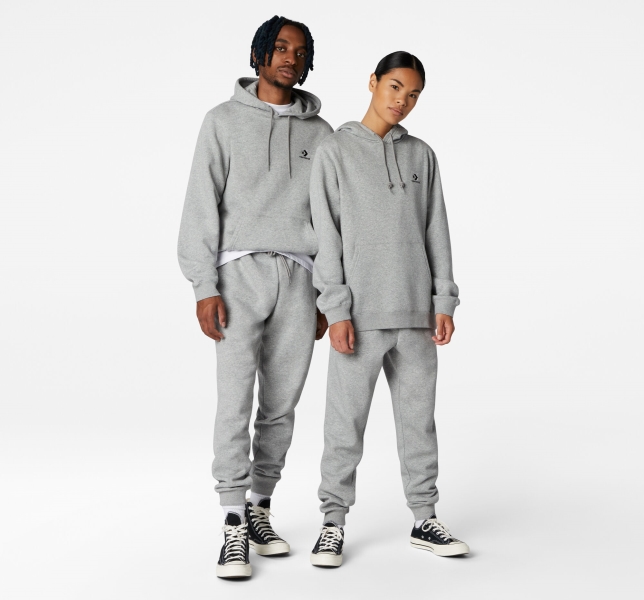 Men's Converse Go-To Embroidered Star Chevron Standard Fit Fleece Hoodie Grey | 275-ULQWIK