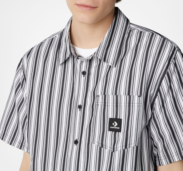 Men's Converse Striped Button Down T Shirts Black / White Stripes | 829-BSJPHE