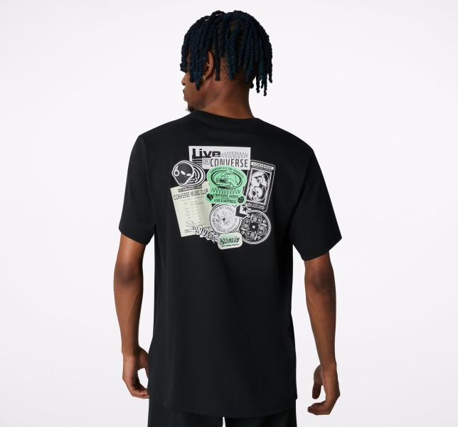 Men's Converse Sticker Graphic T Shirts Black | 601-HJQKIU
