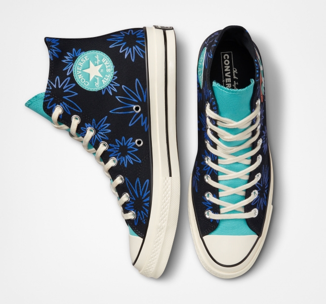 Women's Converse Chuck 70 Sunny Floral Canvas Shoes Black / Turquoise / Royal | 471-JYMDBL