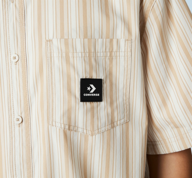 Men's Converse Striped Button Down T Shirts Light Beige / Khaki Stripes | 034-ZRDYJC