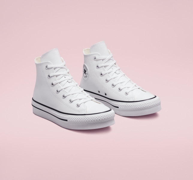 Kids' Converse Chuck Taylor All Star Lift Leather Platform Shoes White / Beige White / Black | 024-QPOEZR