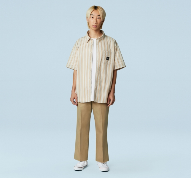 Men's Converse Striped Button Down T Shirts Light Beige / Khaki Stripes | 034-ZRDYJC