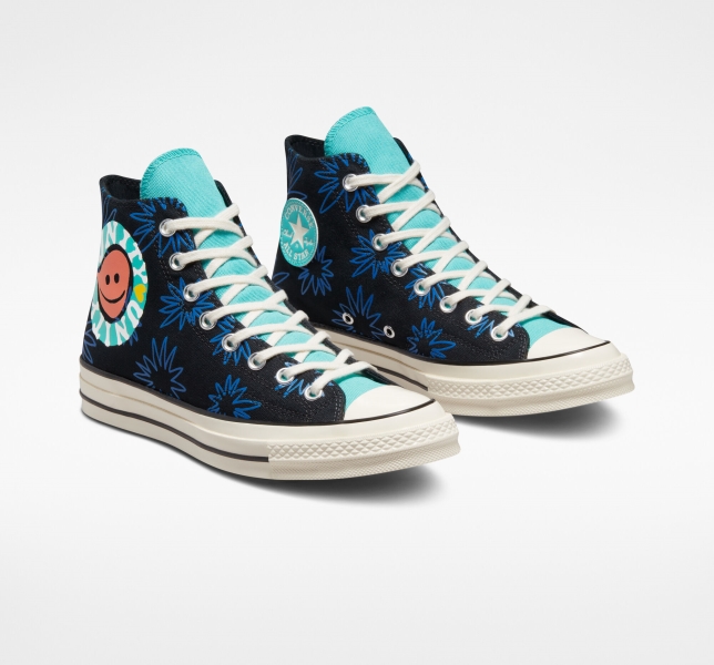 Women's Converse Chuck 70 Sunny Floral Canvas Shoes Black / Turquoise / Royal | 471-JYMDBL