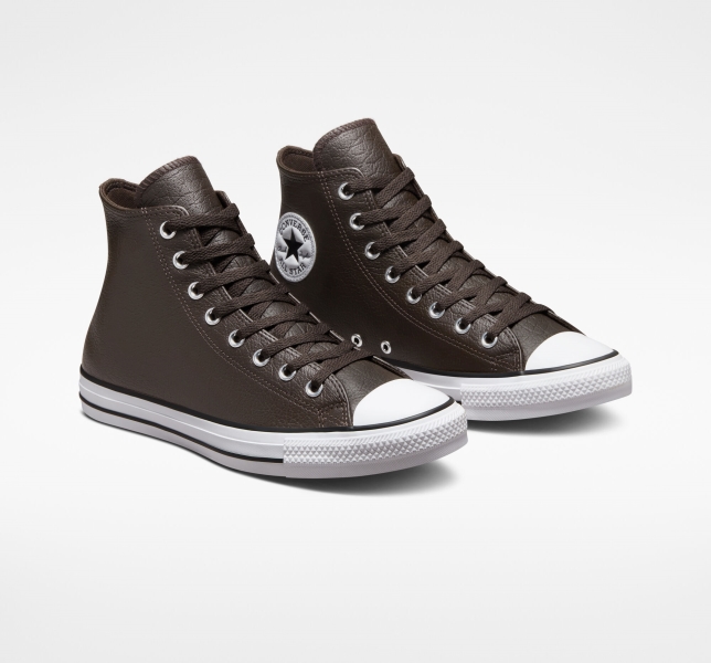 Women's Converse Chuck Taylor All Star Tumbled Leather High Tops Brown / White / Black | 647-STRVOQ
