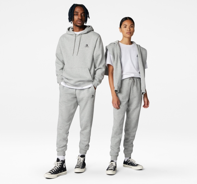 Men's Converse Go-To Embroidered Star Chevron Standard Fit Fleece Sweatpants Grey | 651-TBWFRX