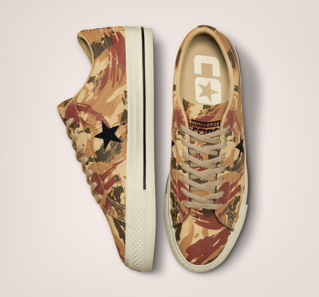 Women's Converse One Star Pro Brushstroke Camo Leather Shoes Khaki / Black | 739-QNMUPX