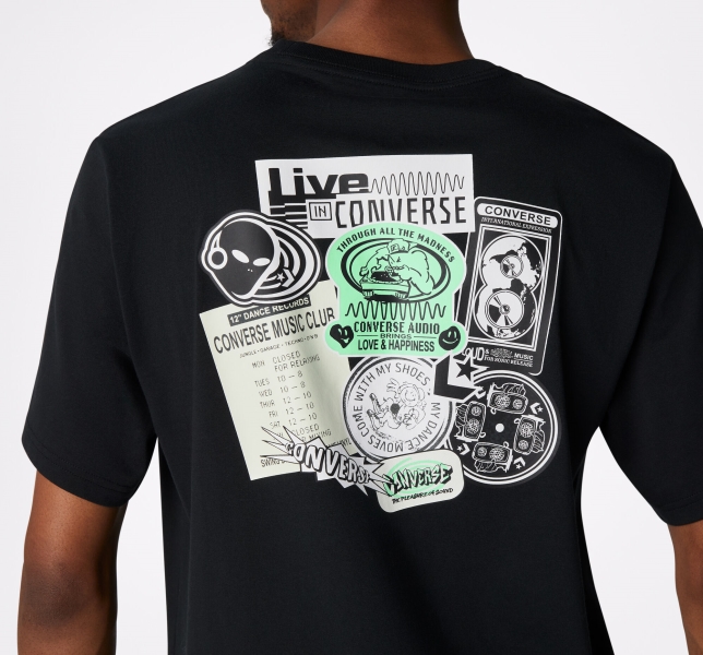 Men's Converse Sticker Graphic T Shirts Black | 601-HJQKIU