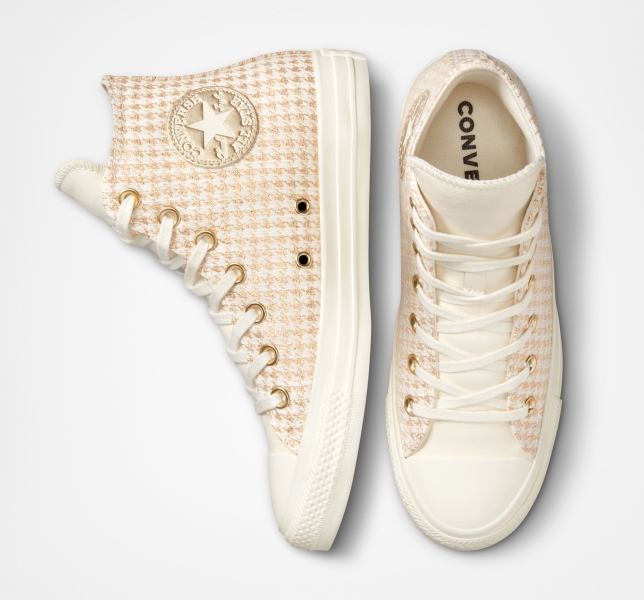 Women's Converse Chuck Taylor All Star Houndstooth Shine High Tops Light Gold | 051-OQKZGF